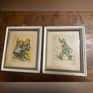 Vintage Small Framed Pair of Hummel Art Prints Home Decor Whimsical Collectible